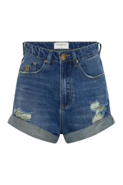 Bandits High Waist Foil Denim Shorts - Blue Shredded Gold