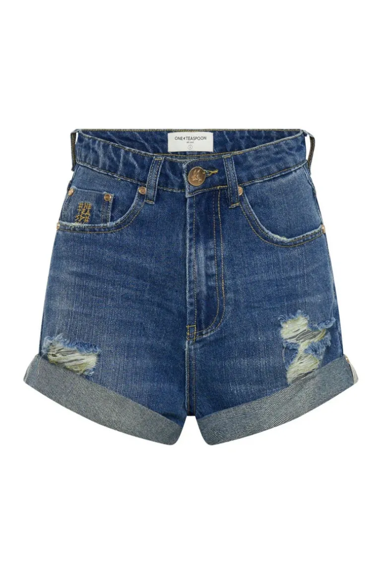 Bandits High Waist Foil Denim Shorts - Blue Shredded Gold